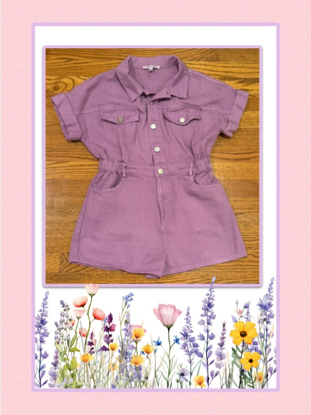 Short-Sleeve Lavender Romper with Button Front
